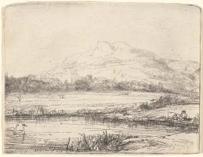 Canal with an Angler and Two Swans av Rembrandt van Rijn