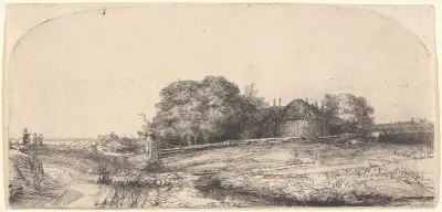 Landscape with a Hay Barn and a Flock of Sheep av Rembrandt van Rijn