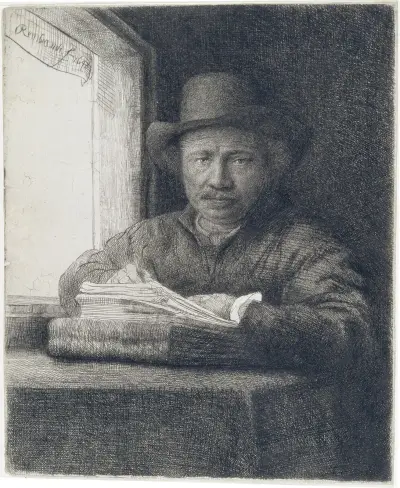 Self-Portrait etching at a window av Rembrandt van Rijn