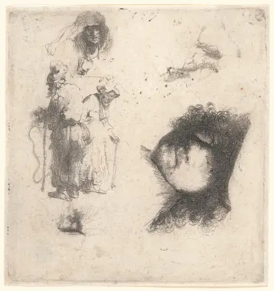 Sheet of Studies; Head of the Artist, a Beggar Couple, Heads of an Old Man and Old Woman av Rembrandt van Rijn