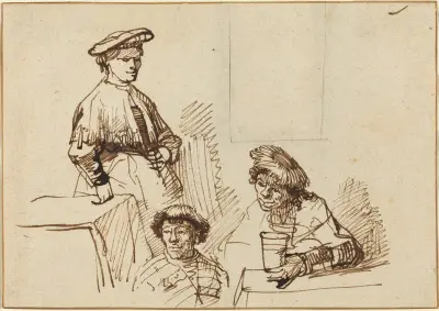 Skizzen aus einer Schenke – stehende Frau und zwei sitzende Männer von Rembrandt van Rijn
