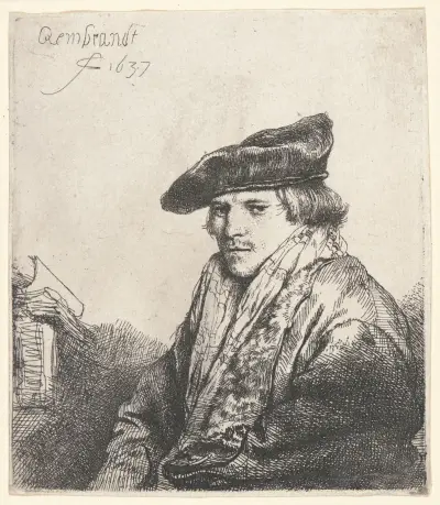 Young Man in Velvet Cap with Books beside Him av Rembrandt van Rijn