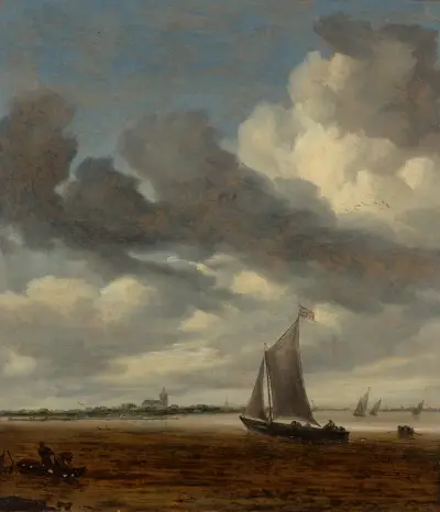 A smalschip in an estuary with two fishermen in the foreground av Salomon van Ruysdael