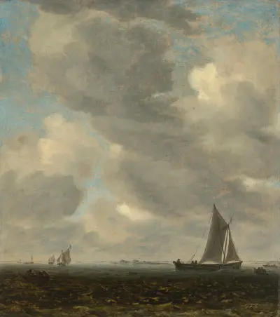 An estuary scene with light shipping av Salomon van Ruysdael