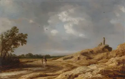 Dune landscape with a horse and rider av Salomon van Ruysdael