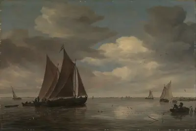 Fishing Boats on a River av Salomon van Ruysdael