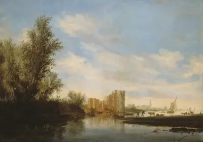Riviergezicht met ruïne av Salomon van Ruysdael