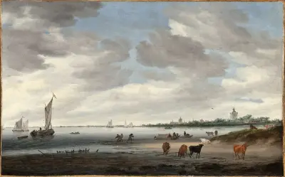 View of the River Lek and the Town of Vianen av Salomon van Ruysdael