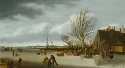 Winter Landscape With A Boy On Skates Pushing A Sled av Salomon van Ruysdael