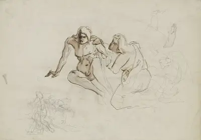 Auf dem Boden sitzender, übellauniger männlicher Akt, von einer neben ihm knienden weiblichen Gestalt umsorgt , sowie weitere figürliche Skizzen, Victor Müller