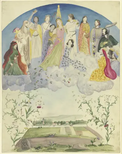 Blumen Über Eine Landschaft Streuende Und Ausschüttende Flora, Umgeben Von Dionysischen, Biblischen Und Historischen Gestalten av Victor Müller
