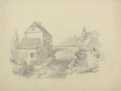 Brückenhaus vor bergiger Landschaft, Victor Müller