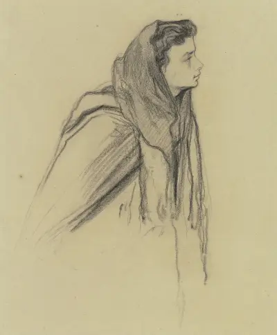 Brustbild einer Frau mit Kopftuch nach rechts, Victor Müller