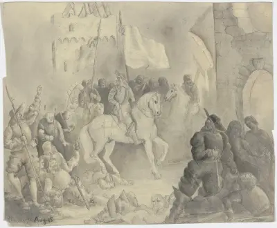Ein bärtiger Herrscher mit Gefolge reitet nächtens auf eine ruinöse Burg zu, Victor Müller