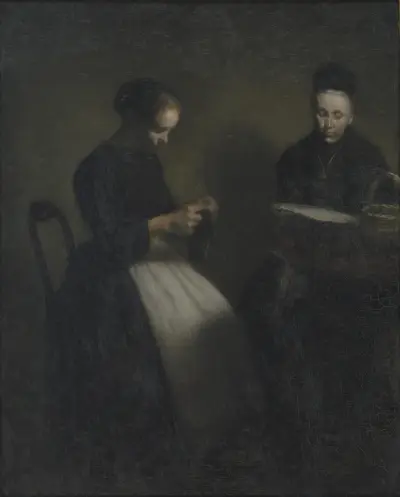 Evening in the Drawing Room. The Artist’s Mother and Wife av Vilhelm Hammershøi