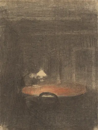 Figure Reading at a Table in an Interior at Night av Vilhelm Hammershøi