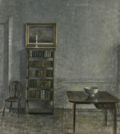 Interior with a table, bookcase and Windsor Chair, 25 Strandgade av Vilhelm Hammershøi
