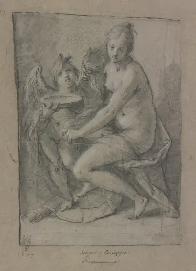 Sitzende Venus und stehender Amor mit Schale av Hans von Aachen