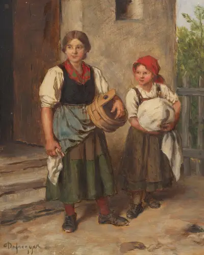Bäuerin mit Dirndl vor dem Waschhaus av Franz von Defregger