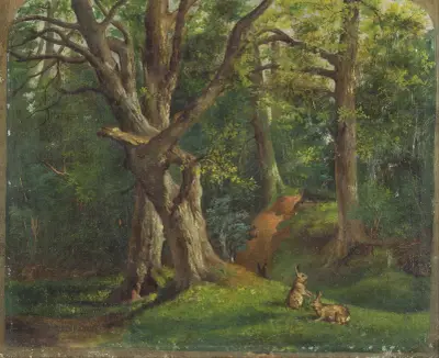 Woodland scene with rabbits av Sir Hubert von Herkomer