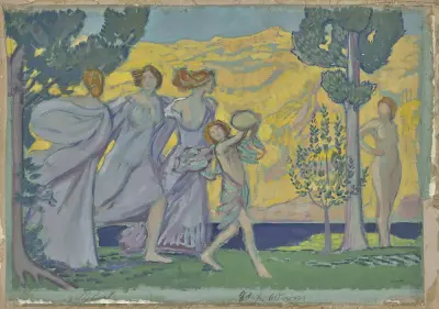 Drei tanzende Mädchen und Tamburinschläger av Ludwig von Hofmann