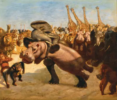 Monkeys as Referees in the Fight between an Elephant and a Hippopotamus av Gabriel von Max