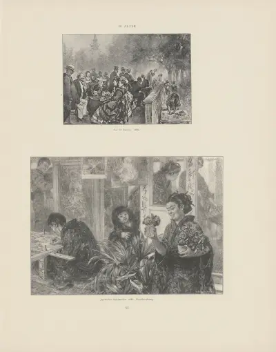 Auf der Terrasse, 1876; Japanischer Stickkünstler, Adolph von Menzel