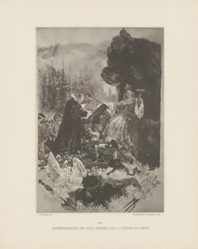 Ehrenbürgerbrief der Stadt Hamburg an G. C. Schwabe in London, Adolph von Menzel