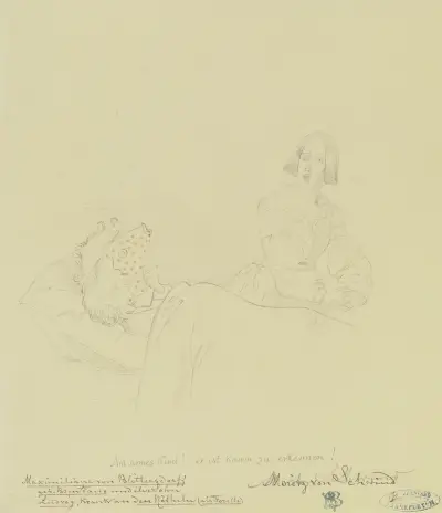‘Ach armes Kind! er ist kaum zu erkennen!’ Maximiliane von Blittersdorf geb. Brentano und ihr Sohn Ludwig, krank an den Röteln (als Forelle) von Moritz von Schwind