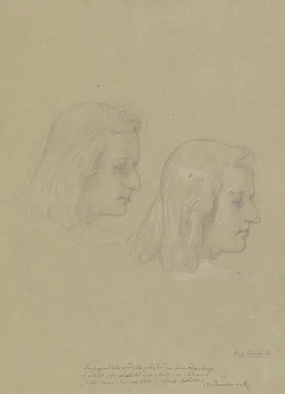 Der Kopf des jugendlichen Schiller, im Profil nach rechts, zweimal nebeneinander von Moritz von Schwind
