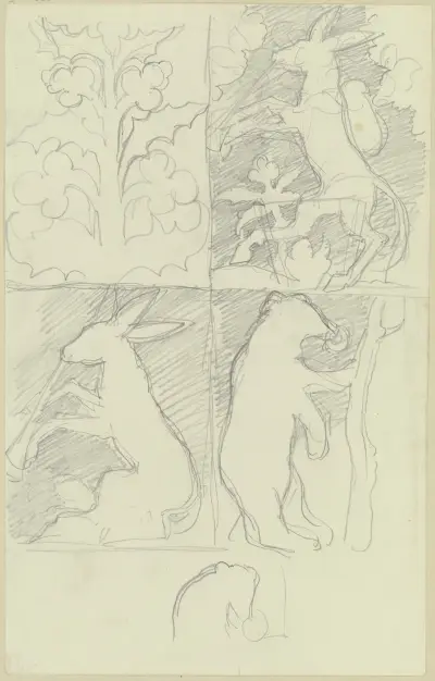 Kunstgewerbliche Entwürfe, in vier Feldern; Symmetrisches Gewächs, Esel mit Rucksack, Musizierender Esel und Bär mit Nasenring von Moritz von Schwind
