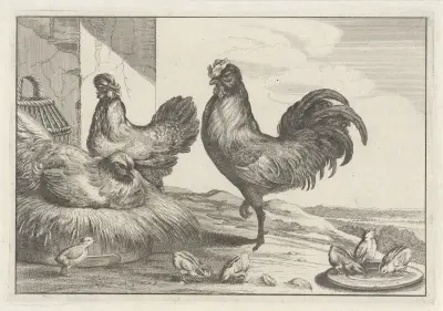 A cock, chicken, hen, and six chicks in a farmyard av Wenceslaus Hollar