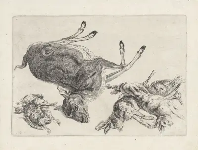 Dead deer lying on its right side, two dead hares and two snipes at right, three dead birds at left av Wenceslaus Hollar