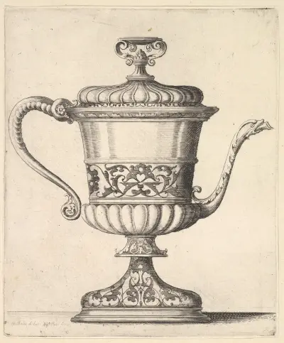 Jug with lid, engraved with arabesque pattern av Wenceslaus Hollar