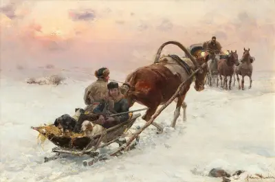 Kvällsslädtur med hundar av Alfred von Wierusz-Kowalski