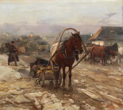 Häst och kärra på bygatan av Alfred von Wierusz-Kowalski