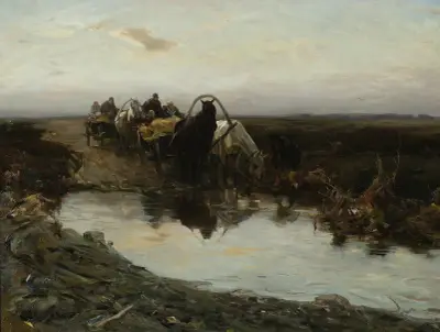 Bondkärror framför en pöl av Alfred von Wierusz-Kowalski
