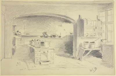 Küche mit Herd, Regal und Mauerbogen von Wilhelm Busch