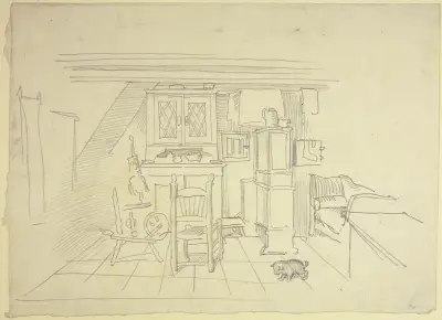Stube mit Spinnrad und kleinem Hund von Wilhelm Busch