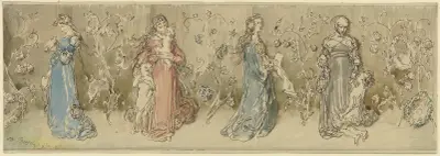 Vier allegorische Frauendarstellungen von Wilhelm Busch
