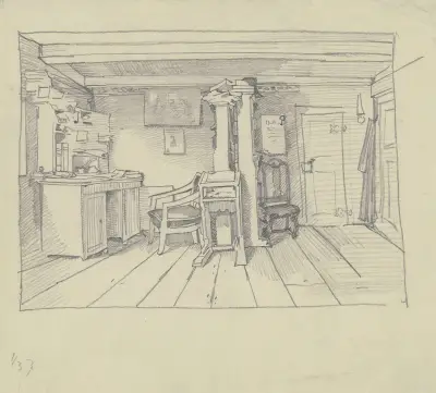 Zimmer mit Schreibtisch, Stehpult und Bücherregalen von Wilhelm Busch