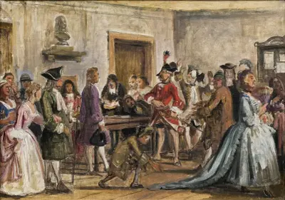Philemon and his prosecutors. Scene from Det lykkelige skibbrud by Holberg, Act 5, Scene 9 (sketch for painting with the same subject, 1859), Wilhelm Marstrand
