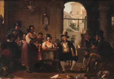 Wilhelm Marstrand From a Roman Osteria. Pipe-Smoking Hunters and Italian Women, Wilhelm Marstrand