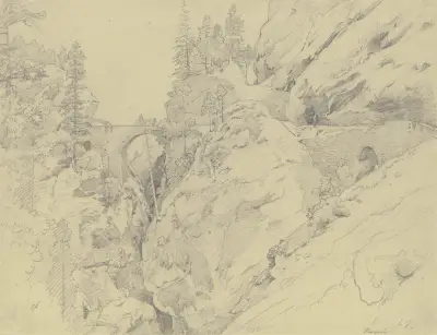 Via Mala, oben die steinerne Brücke av Johann Wilhelm Schirmer