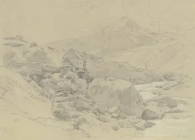 Wassermühle in einer Gebirgslandschaft av Johann Wilhelm Schirmer