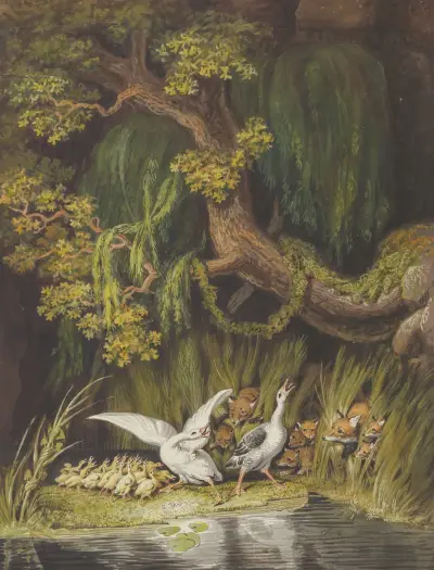A Goose and a Gander with their Goslings Honking in Alarm as Two Foxes with their Cubs Emerge from the Rushes, Johann Heinrich Wilhelm Tischbein