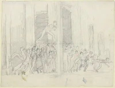 Eine Menschenmenge, die ein Theaterr stürmt von Wilhelm Trübner