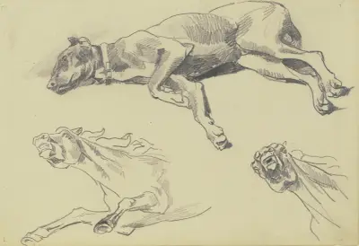 Studienblatt; Die Dogge Cäsar, auf der Seite liegend nach links, schlafend; darunter zwei Pferdestudien in starker Untersicht von Wilhelm Trübner