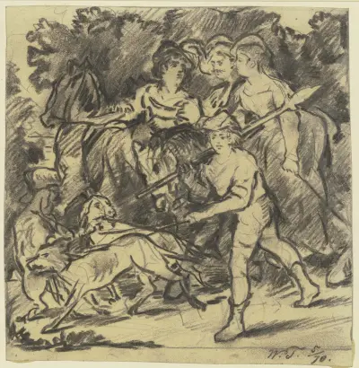 Zwei Edelfräulein und ein Knappe reiten auf die Jagd, dabei Bursche und Rüden von Wilhelm Trübner