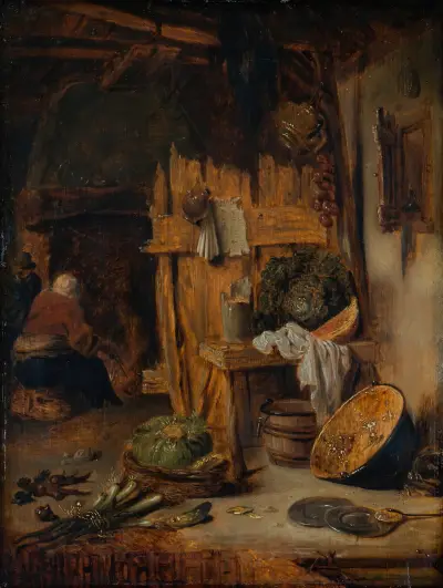 Kücheninterieur mit Frau am Herd von Willem Kalf